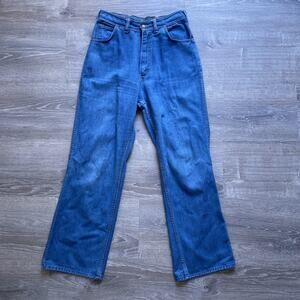 Vtg 70's Blue Denim Flared Bellbottom Jeans 28" w Retro High Rise Boho Hippie